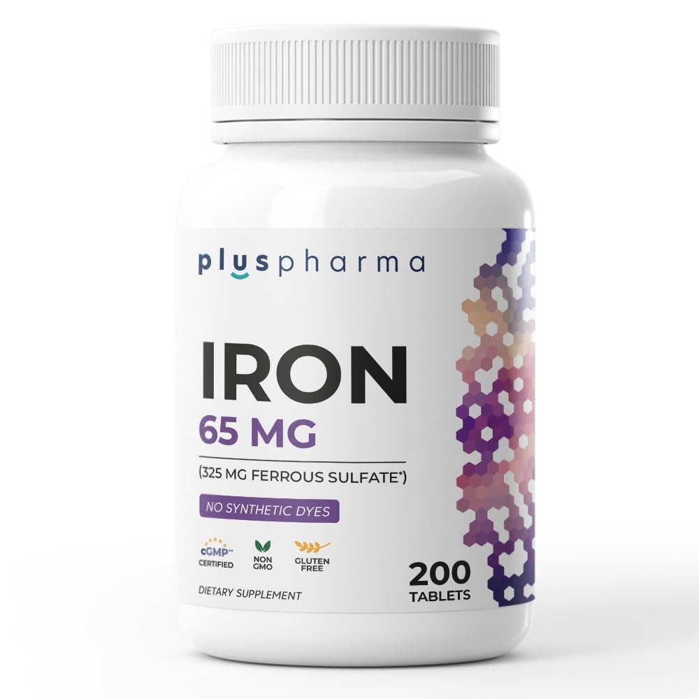 PlusPharma Iron 65 mg (from 325 mg Ferrous Sulfate), 200 Tablets, High Potency Iron Supplement, Non-GMO, Gluten Free, No Synthetic Dyes - görsel 1