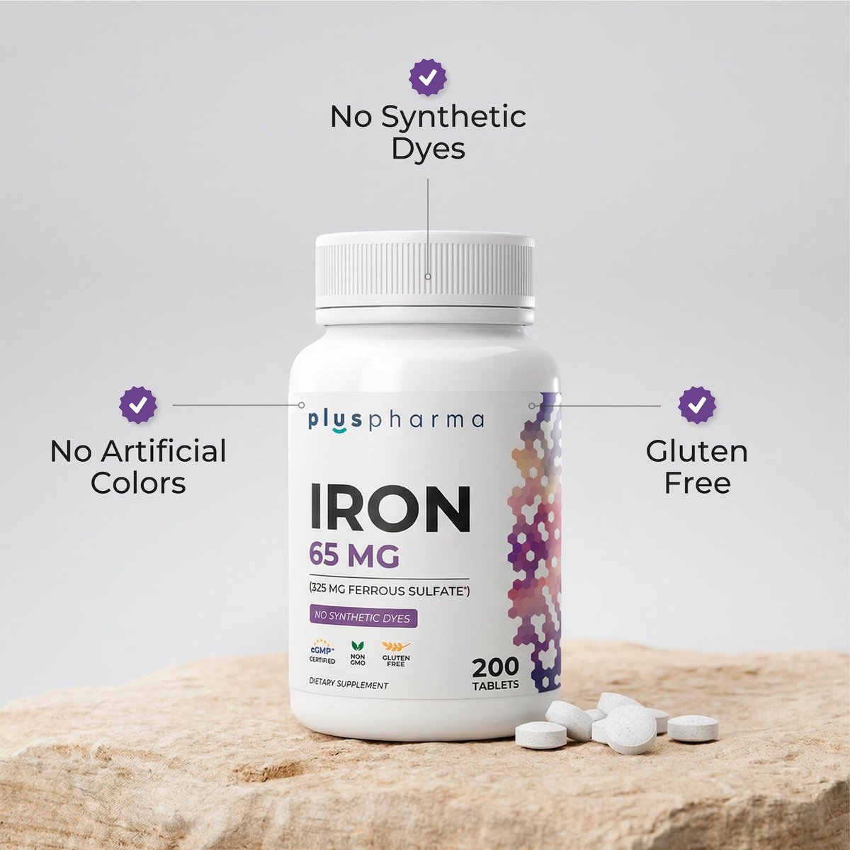 PlusPharma Iron 65 mg (from 325 mg Ferrous Sulfate), 200 Tablets, High Potency Iron Supplement, Non-GMO, Gluten Free, No Synthetic Dyes - görsel 7
