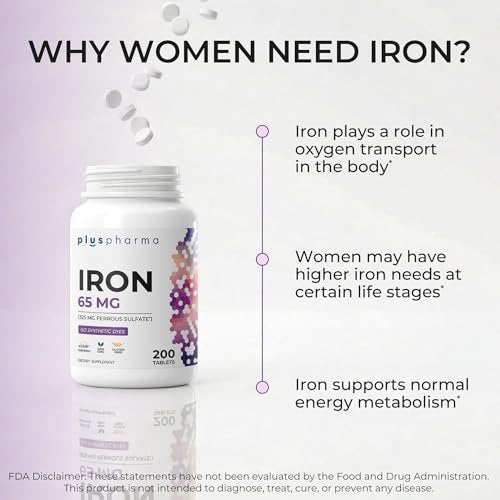 PlusPharma Iron 65 mg (from 325 mg Ferrous Sulfate), 200 Tablets, High Potency Iron Supplement, Non-GMO, Gluten Free, No Synthetic Dyes - görsel 12
