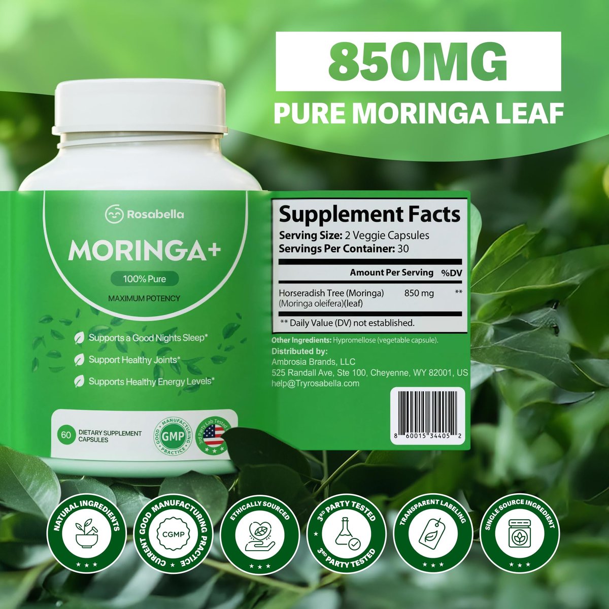 Rosabella Moringa+ - 60 Count (Pack of 1) - Pure Moringa Supplement - görsel 9