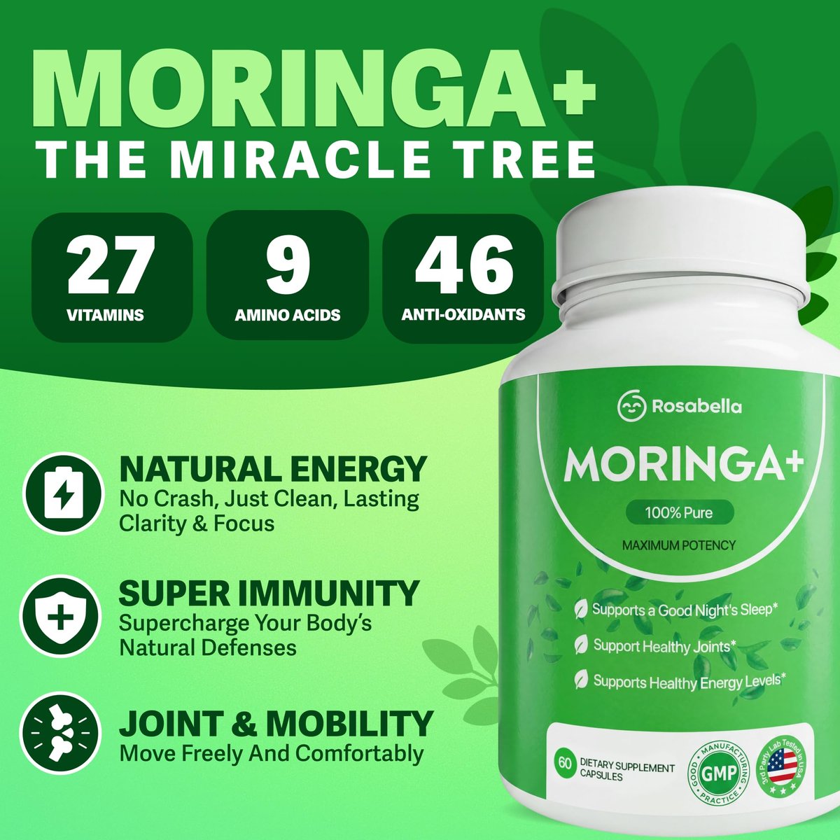 Rosabella Moringa+ - 60 Count (Pack of 1) - Pure Moringa Supplement - görsel 3